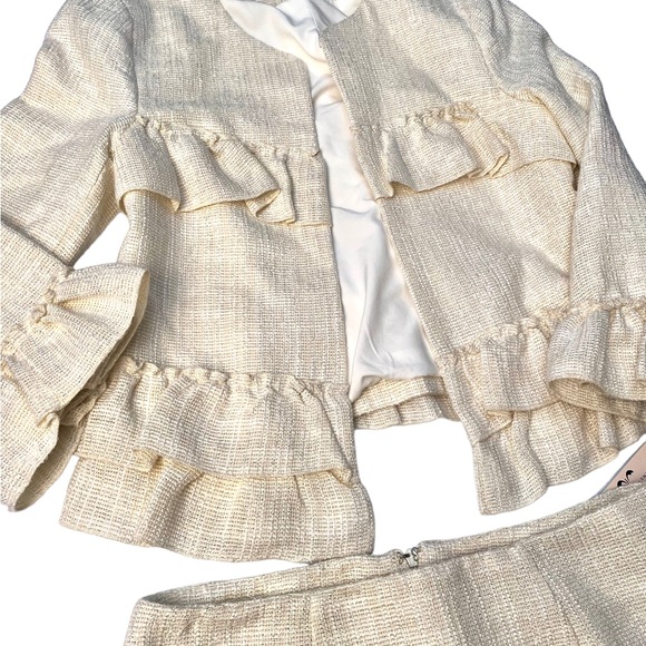 NANETTE LEPORE Ivory Tweed Ruffle Skirt Suit Set Blazer Preppy Metallic - Picture 4 of 12